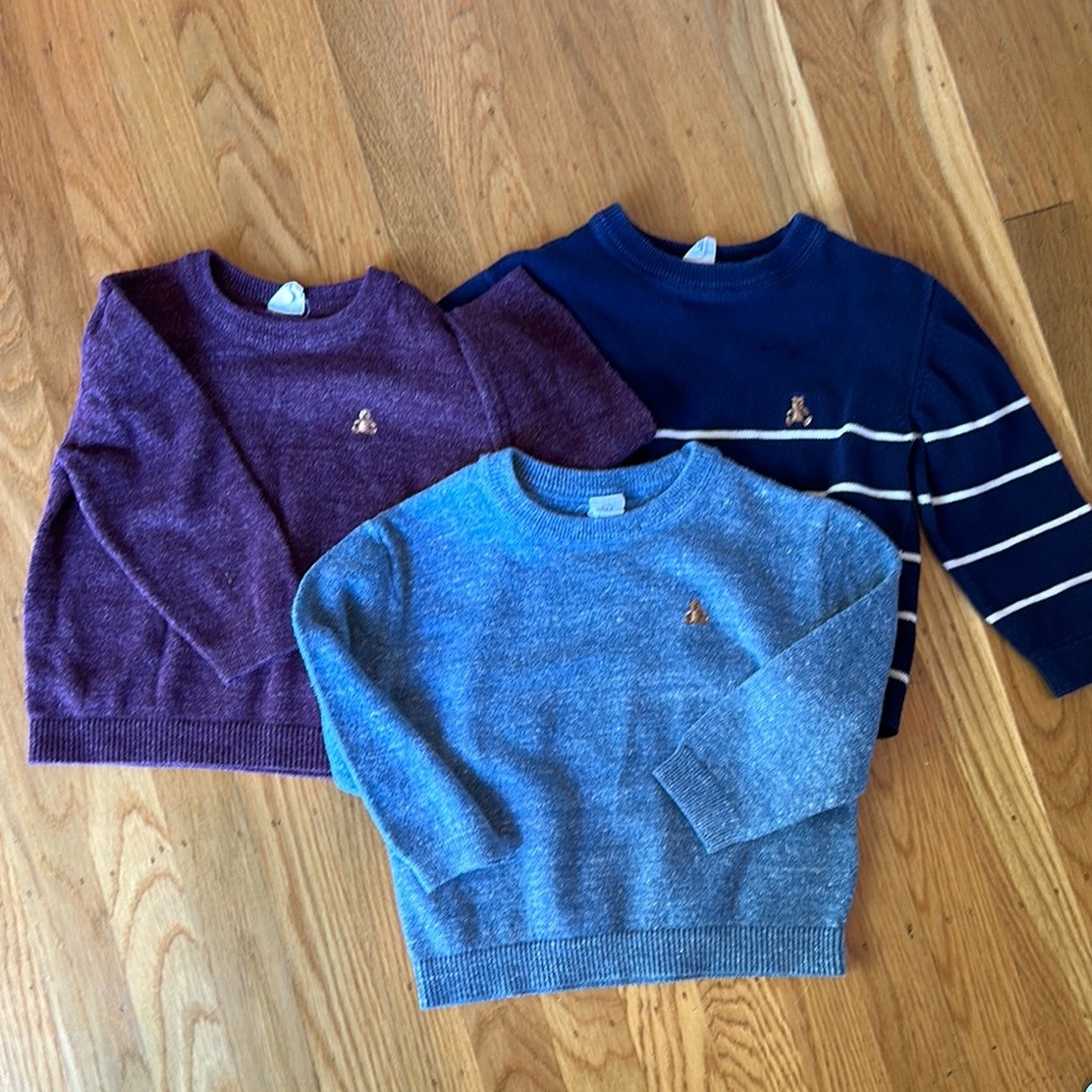 Set of Three Kids' Sweaters in Burgundy, Blue, and striped Navy